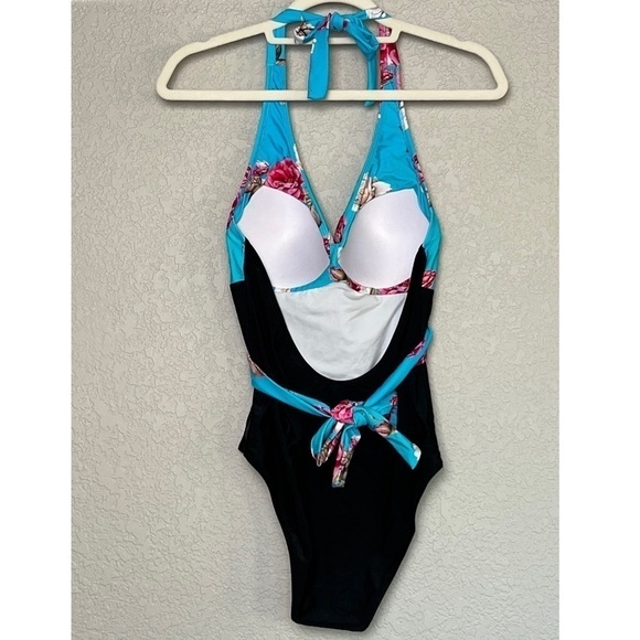 CUPSHE Floral/Black Colorblock Halter Neck High Waist Retro 1 Piece Swim Suit M - Picture 5 of 10